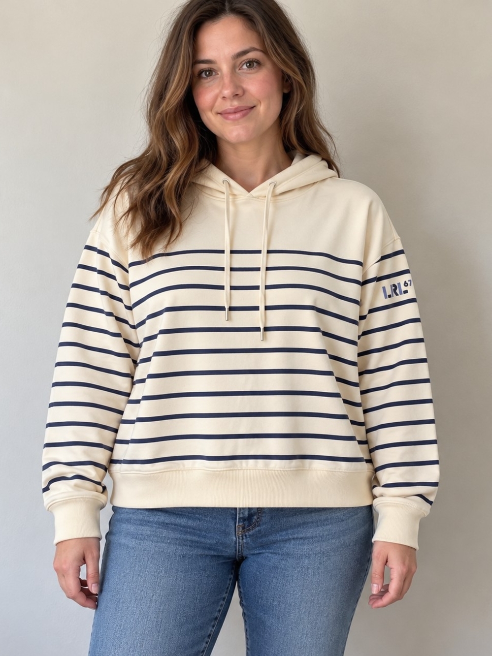 #1332 Lauren Ralph Lauren Striped Hoodie Cream Navy LRL 67 Logo
